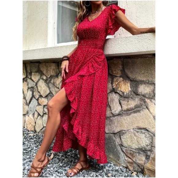 Red  Boho Polka Dot butterfly Sleeve Maxi Dress - Picture 5 of 5